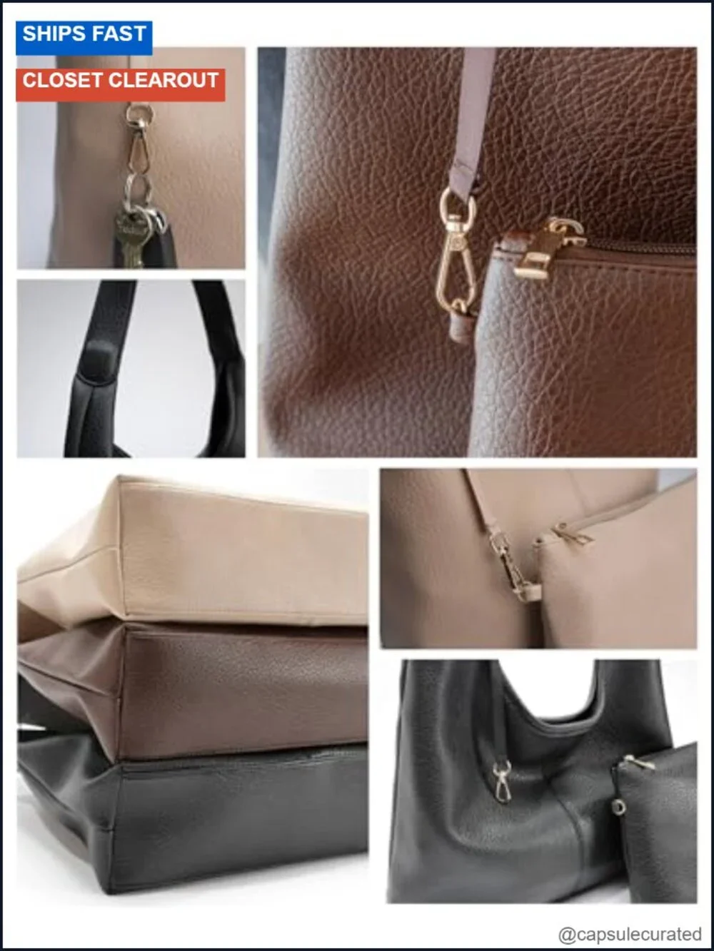 Vegan Leather Hobo Bag with Zippered Pockets Slouchy Shoulder Strap Purse